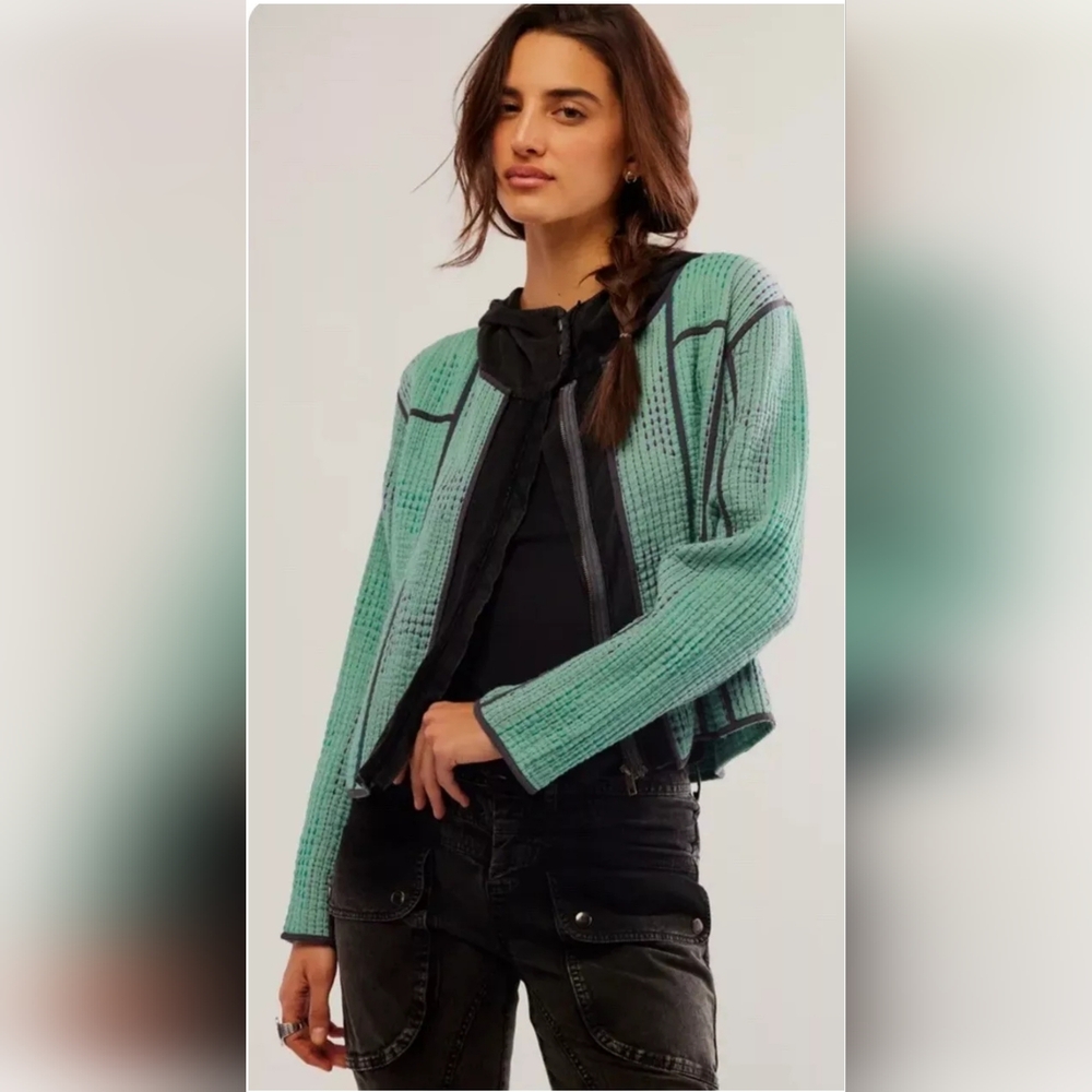 Free People Tavi Quilted crop Jacket Hood Stitching Zip Up Snaps Green s,m,L